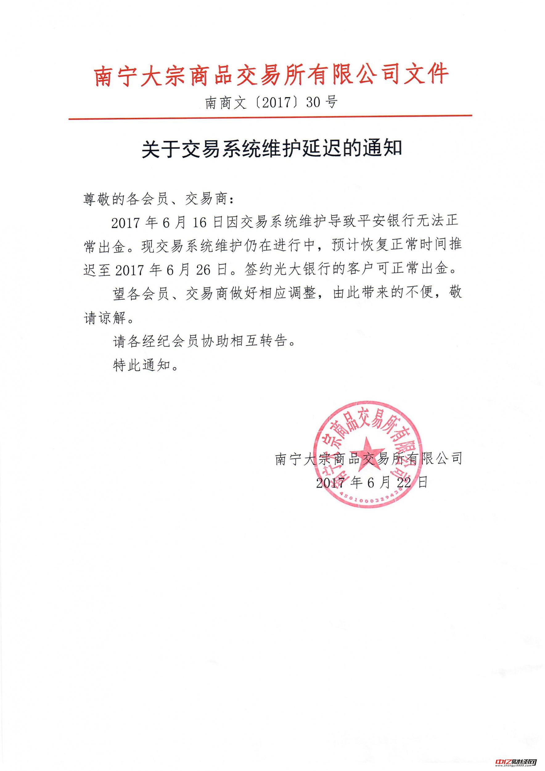 南宁大宗商品交易所发布关于交易系统维护延迟的通知